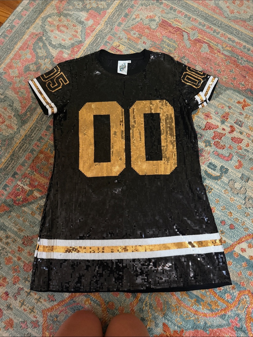 QUEEN OF SPARKLES Black Sequin Mini Dress with Gold '00' Graphic